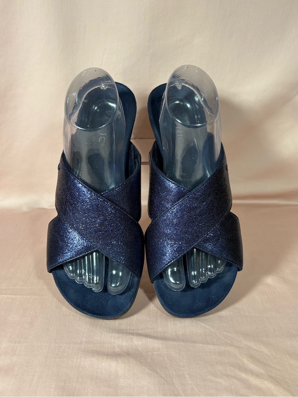 Vionic Kara Metallic Navy Sparkle Crisscross Wedge Slides Women's Size 9